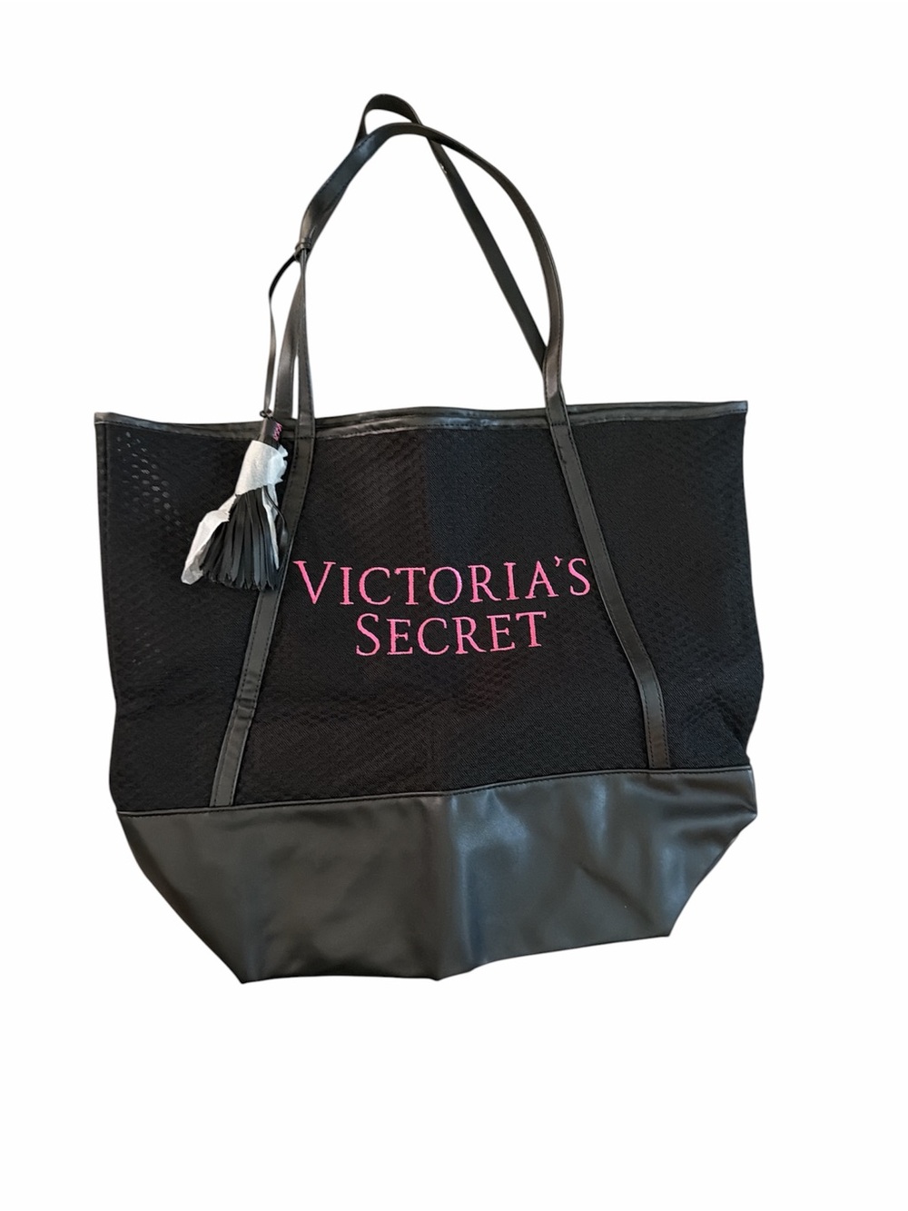NEW- Victoria's Secret Mesh Black Tote Bag with Pink Logo